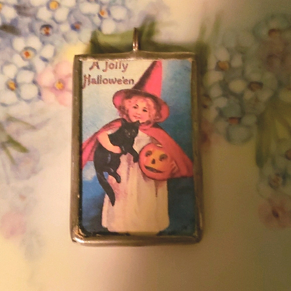 Halloween Handmade Silver Soldered Glass Pendant/Charm Little Witch & Cat